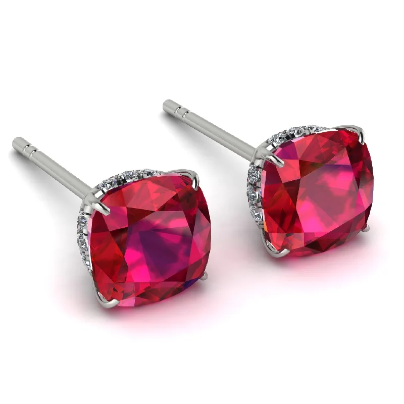 Ladies Earrings Gold -Hidden Halo Cushion Ruby Earrings - Alivia No. 12