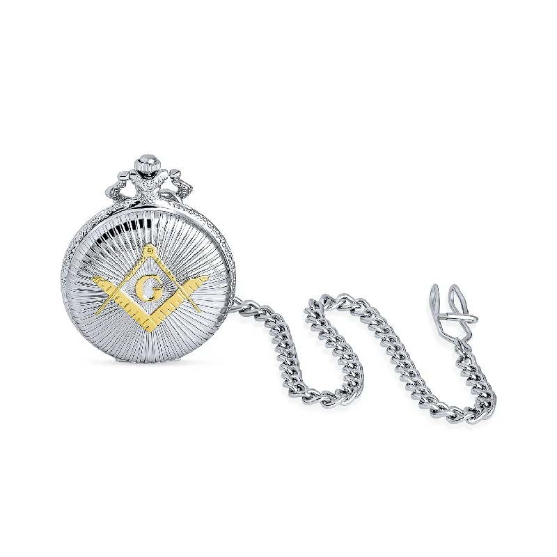 Unisex watch step counter -Men's Two Tone Freemason Pocket Watch Roman Numeral Dial Silver Gold Chain