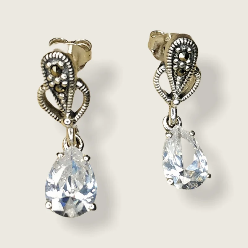 Ladies Earrings Soft Tone -Clear Crystal Earrings Teardrop Silver Marcasite