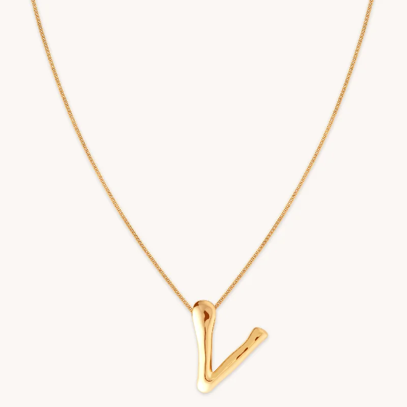 Flower necklaces for women-V Initial Bold Pendant Necklace in Gold