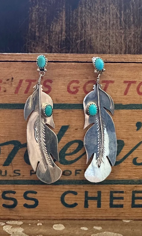 Ladies Earrings Curved Edge -BIRDS OF A FEATHER Silver and Turquoise Navajo Statement Earrings