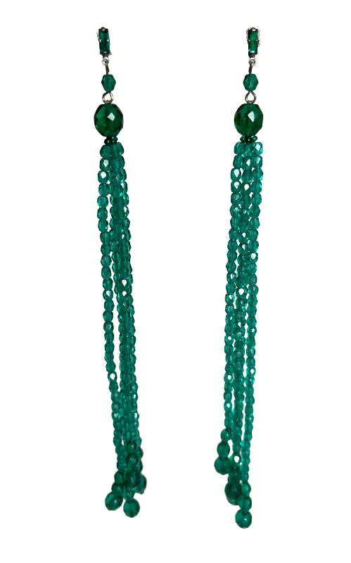 Ladies Earrings Engraved -Green Crystal & Glass Beads Dangling Earrings