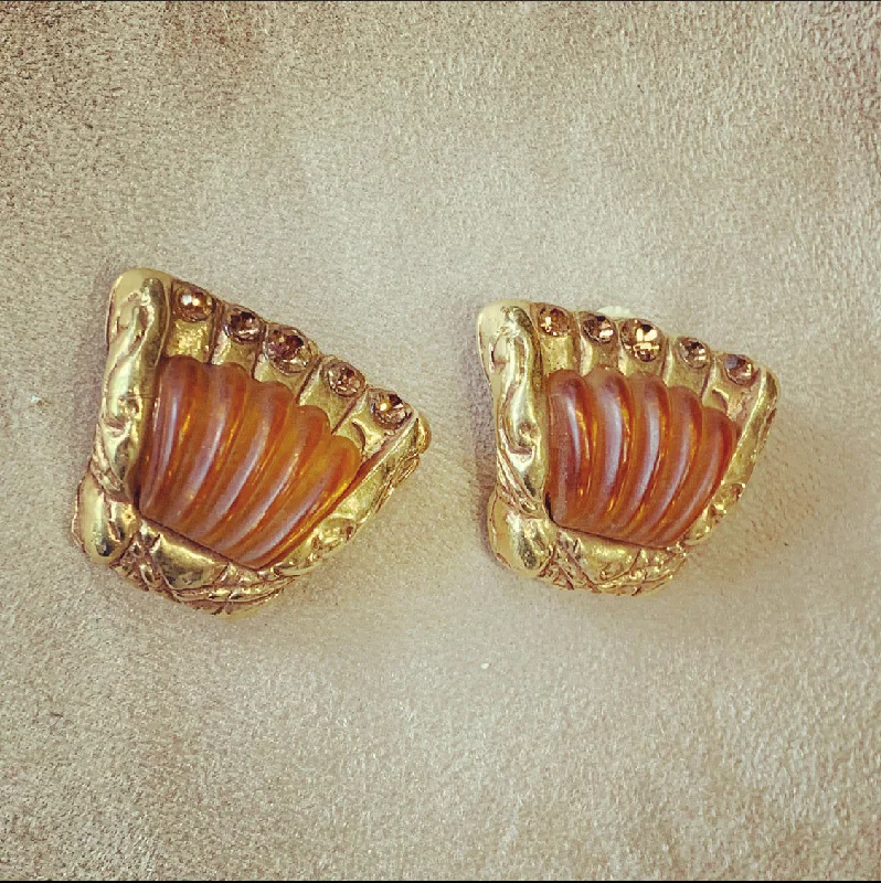 Ladies Earrings Carved -Kalinger Paris Amber scalloped clip on earrings