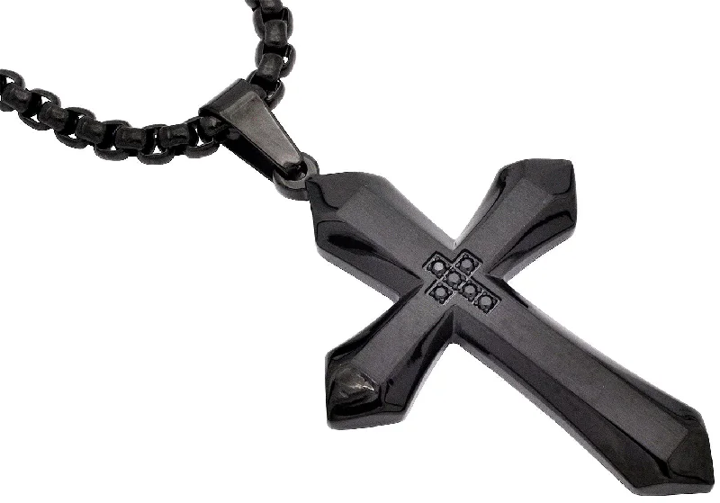 Birthstone necklaces for gifts for women-Mens Black Plated Stainless Steel Cross Pendant Necklace With Black Cubic Zirconia with 24" Round Box Chain