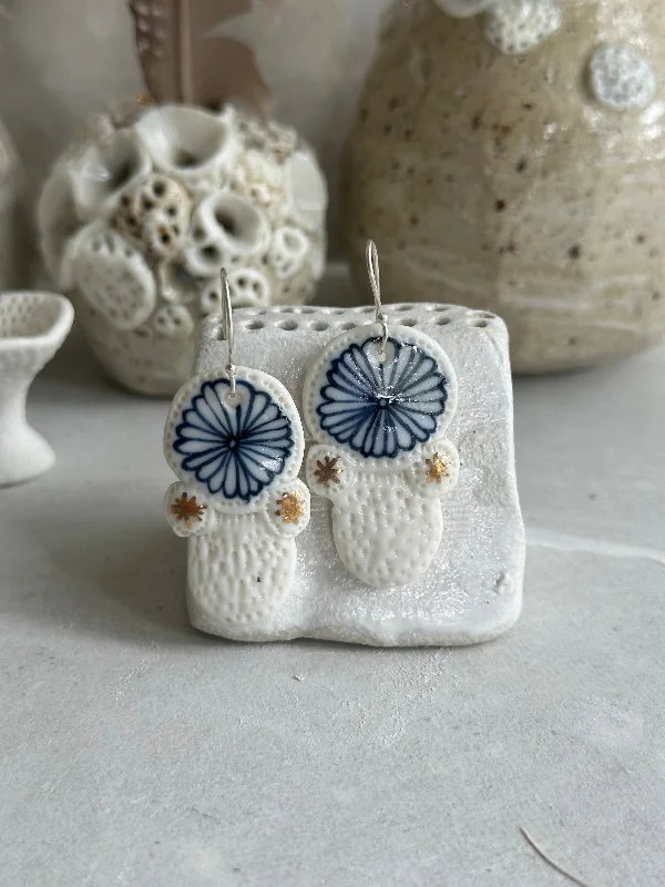 Ladies Earrings Sparkling -Blue and white hand painted porcelain earrings with gold lustre detail.