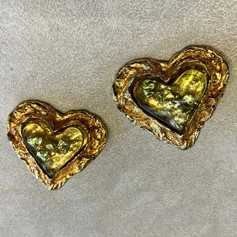 Ladies Earrings Silk Finish -Christian Lacroix Heart Earrings with gold nuggets