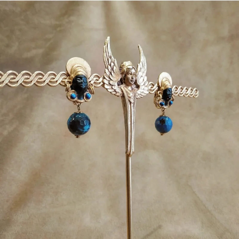 Ladies Earrings Brushed -Askew London Vintage Blackamoor blue drop Earrings