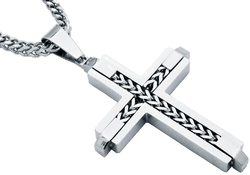 Two-tone necklaces for women-Mens Stainless Steel Cross Pendant Necklace With Franco Link Chain Inlay