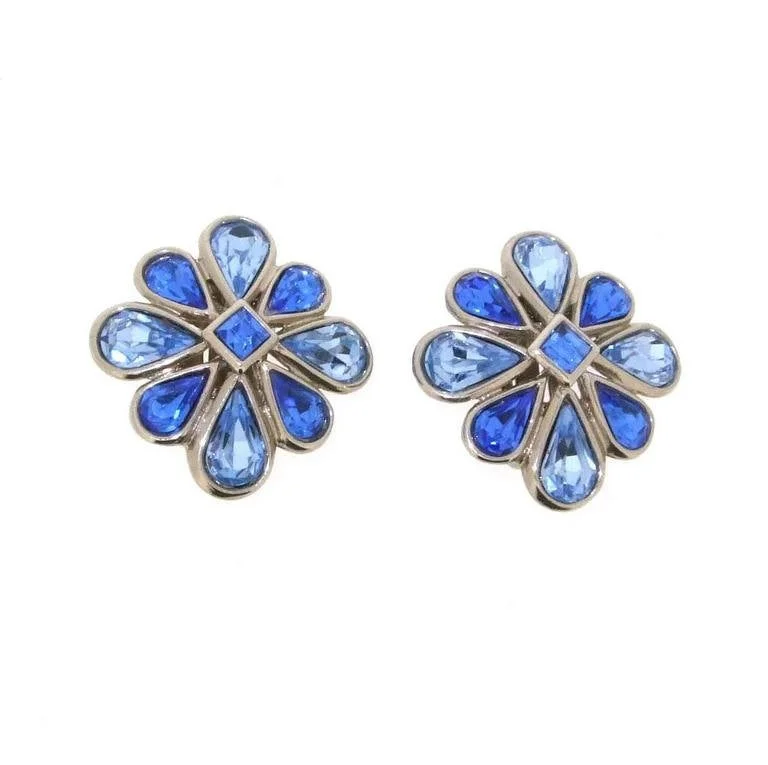 Ladies Earrings Bright -Vintage Yves Saint Laurent Earrings Silver and Blue Crystal Clip Ons