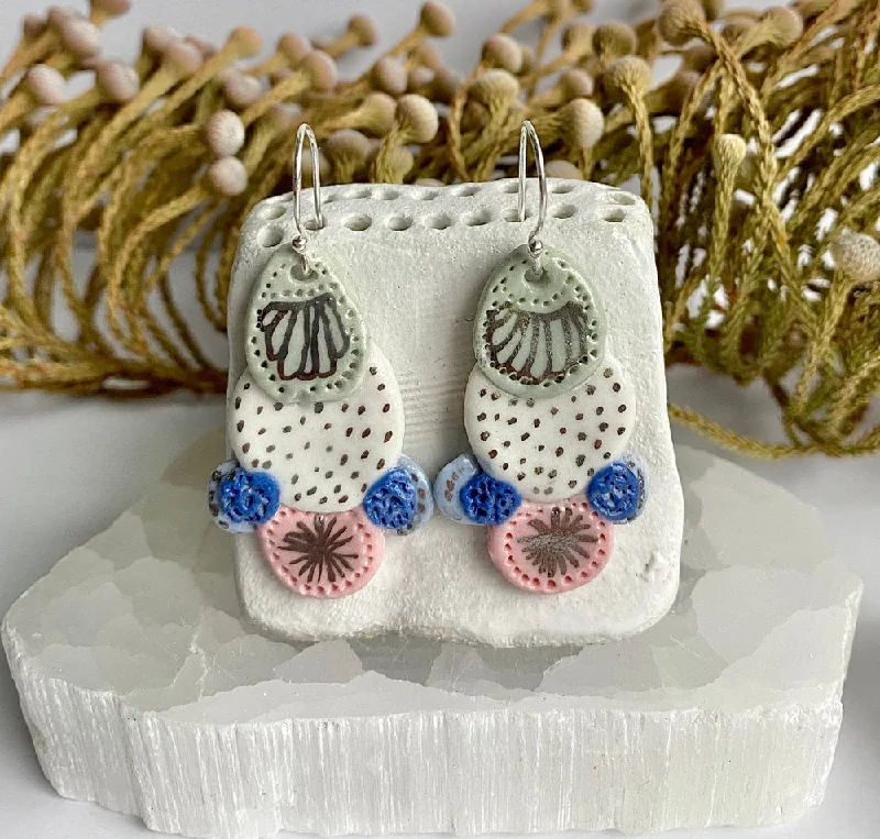 Ladies Earrings Planet -Hand Painted Blue, Pink, White and Silver Porcelain Earrings