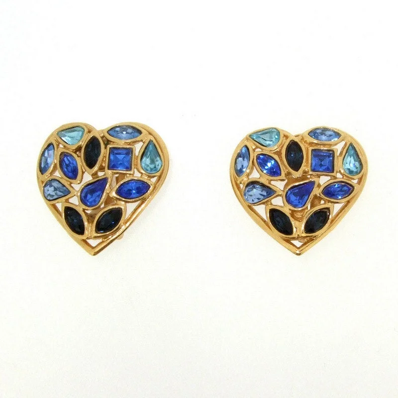 Ladies Earrings Cold -Vintage YSL Earrings Yves Saint Laurent Blue Crystal Clip On