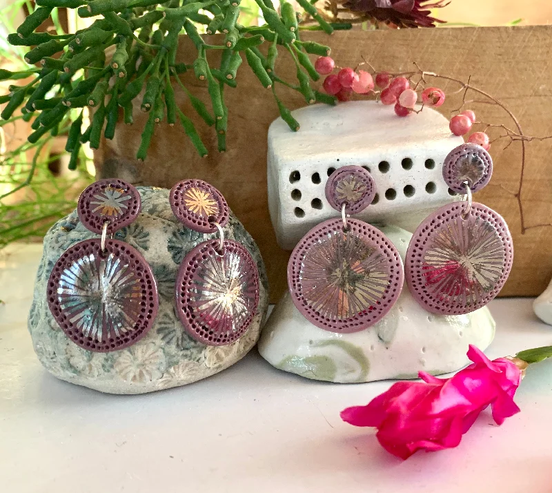 Ladies Earrings Nickel Free -‘Double star’ purple Porcelain Earrings with Platinum Lustre Detail