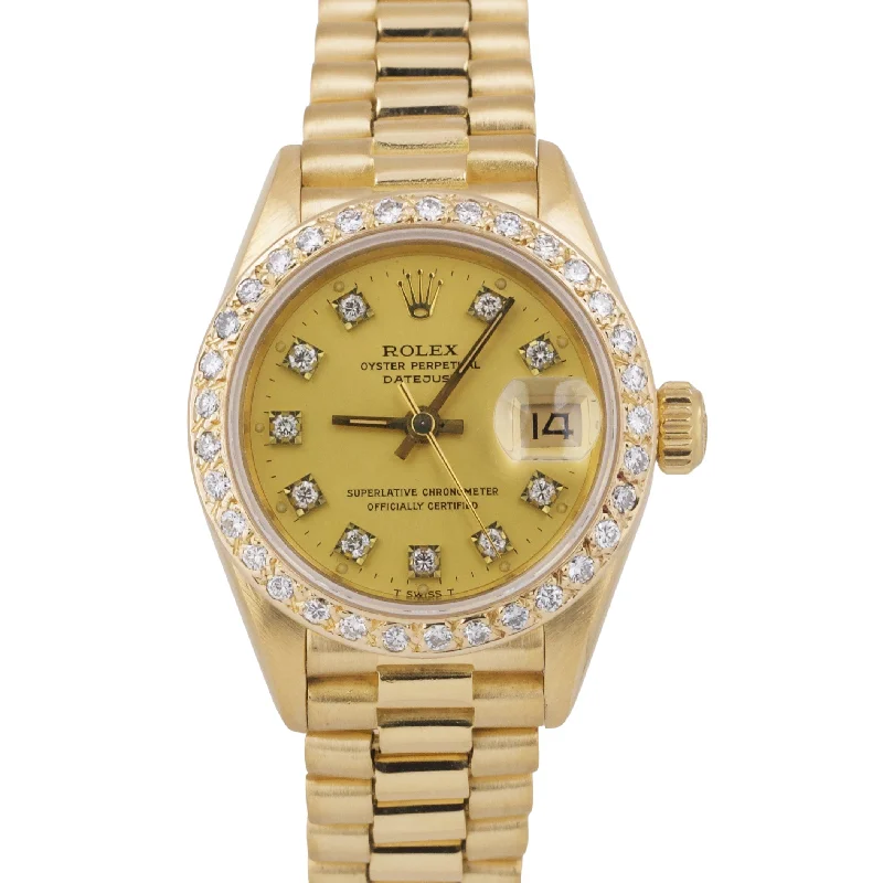 Unisex watch silicone strap -Ladies Rolex DateJust President 26mm CHAMPAGNE DIAMOND 18K Gold 69178 Watch