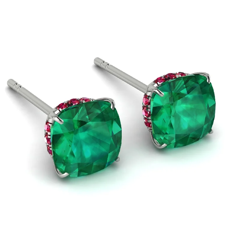 Ladies Earrings Handmade -Hidden Halo Cushion Emerald Earrings - Alivia No. 51