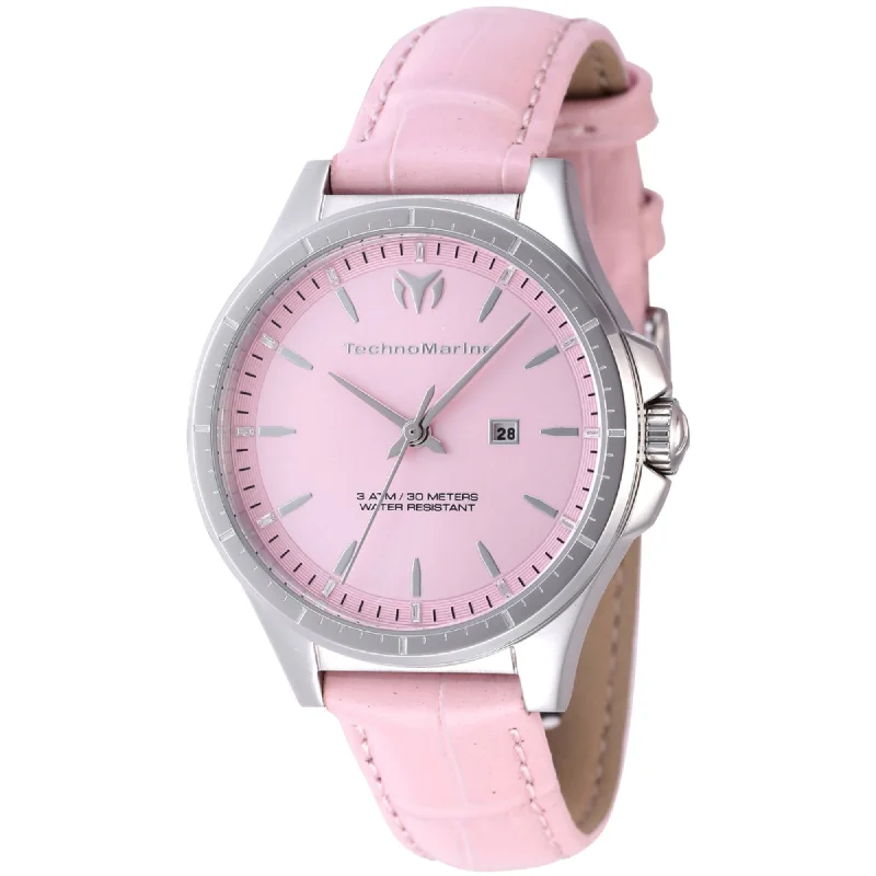 Unisex watch strap adjust -Technomarine Women's Watch - MoonSun Quartz Pink Dial Leather Strap | TM-822041