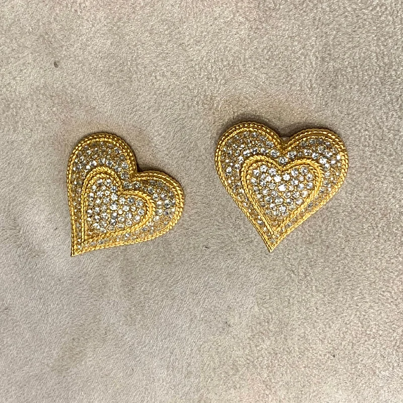 Ladies Earrings Silver Plated -Crystal double  heart vintage gold clip on earrings