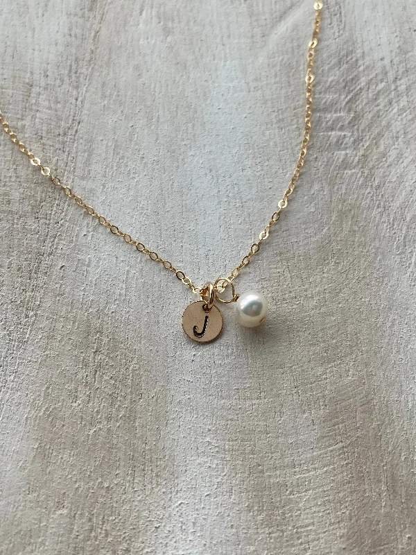 Silver necklaces for women-GRACE | MINI INITIAL DISC AND PEARL NECKLACE