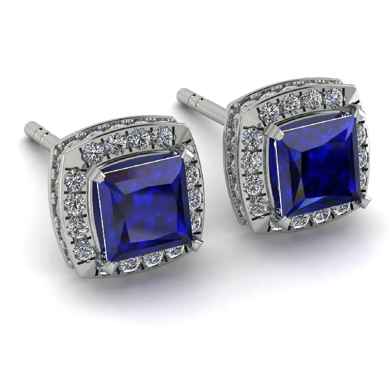 Ladies Earrings Ornate -Hidden Halo Princess Sapphire Earrings - Georgia No. 15