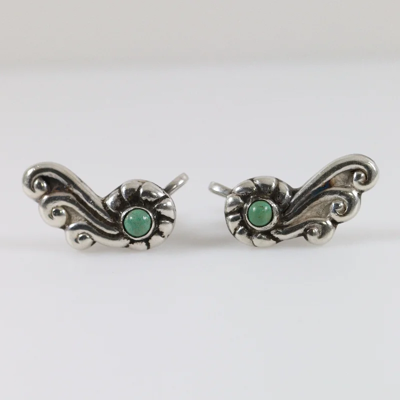 Ladies Earrings Turquoise -Vintage Silver Mexican Jewelry | Turquoise Winged Screwback Earrings