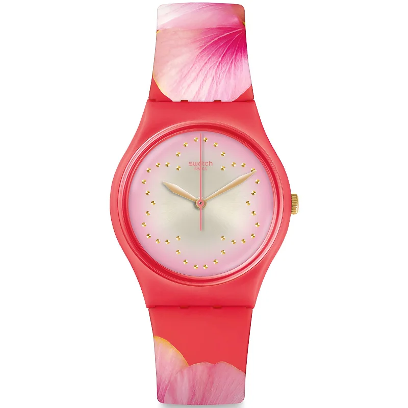 Unisex watch step counter -Swatch Women's Watch - Fiore Di Maggio Quartz Pink Dial Silicone Rubber Strap | GZ321