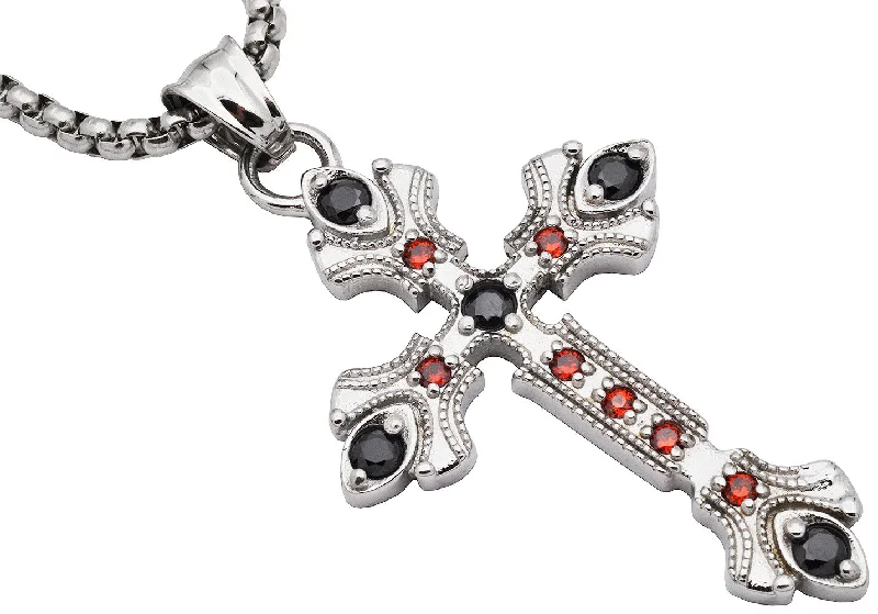 Pearl necklaces for women-Men's Stainless Steel Cross Pendant Necklace With Red And Black Cubic Zirconia