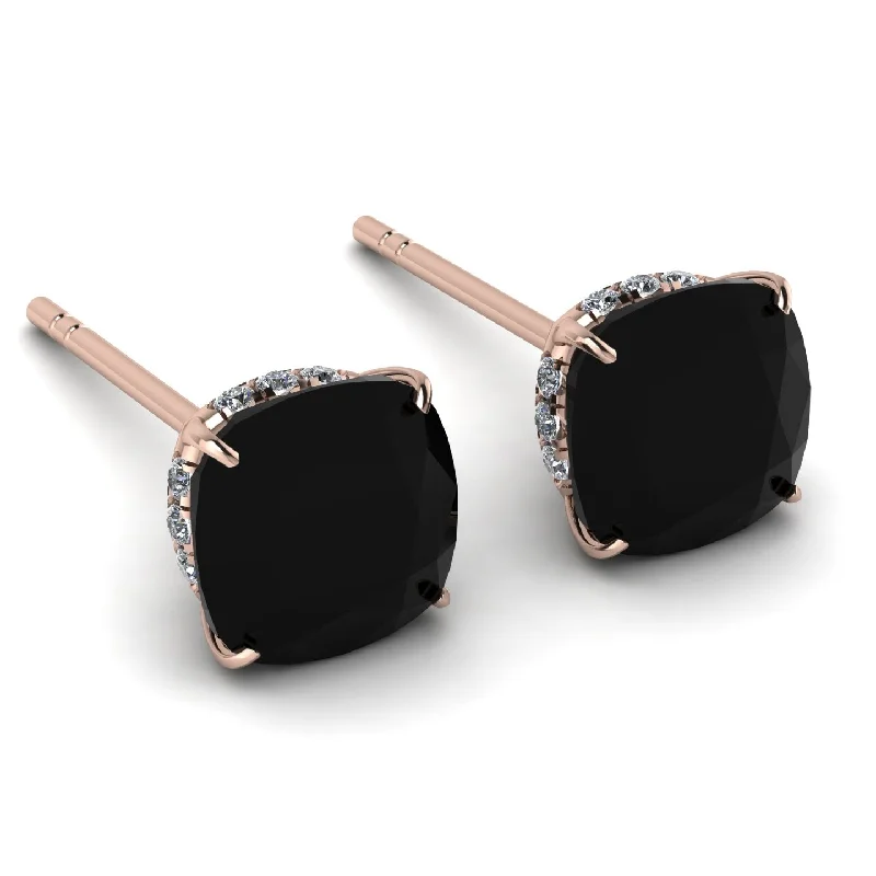 Ladies Earrings Vintage -Hidden Halo Cushion Black Diamond Earrings - Alivia No. 8