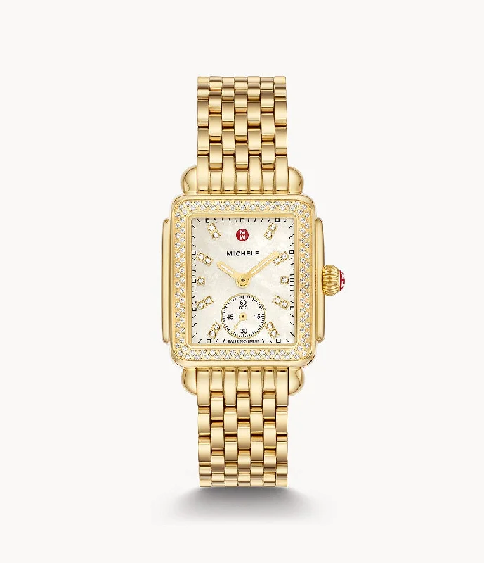 Unisex watch phone link -Michele Deco Mid Gold Diamond Stainless Steel Watch