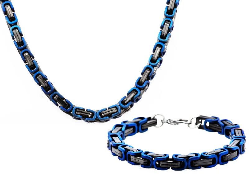 Bold necklaces for women-Mens Black And Blue Stainless Steel Byzantine Link Chain Set