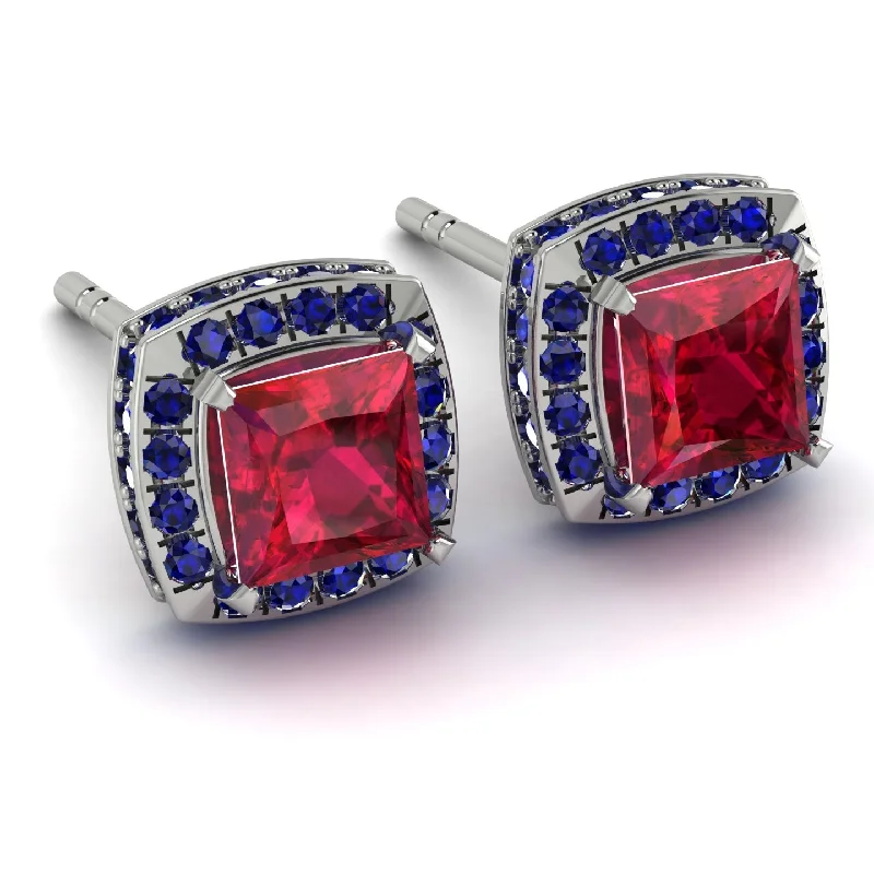 Ladies Earrings Medium -Hidden Halo Princess Ruby Earrings - Georgia No. 72