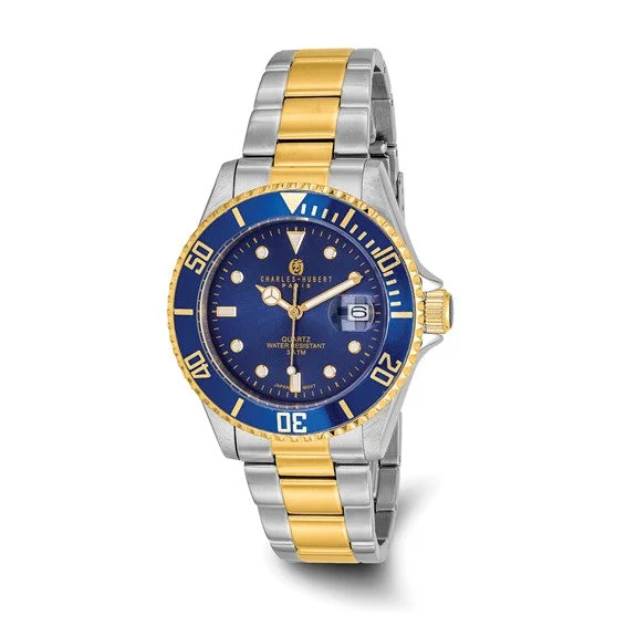 Unisex watch influencer choice -Mens Charles Hubert Two-Tone Stainless Steel Blue Dial Watch