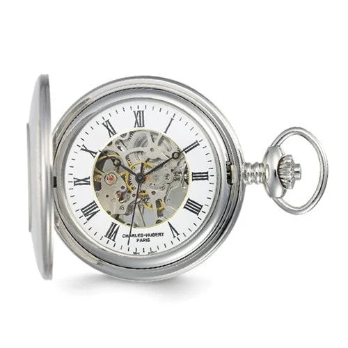 Unisex watch tough build -Charles Hubert Solid Stainless Steel White Dial Pocket Watch - Engravable