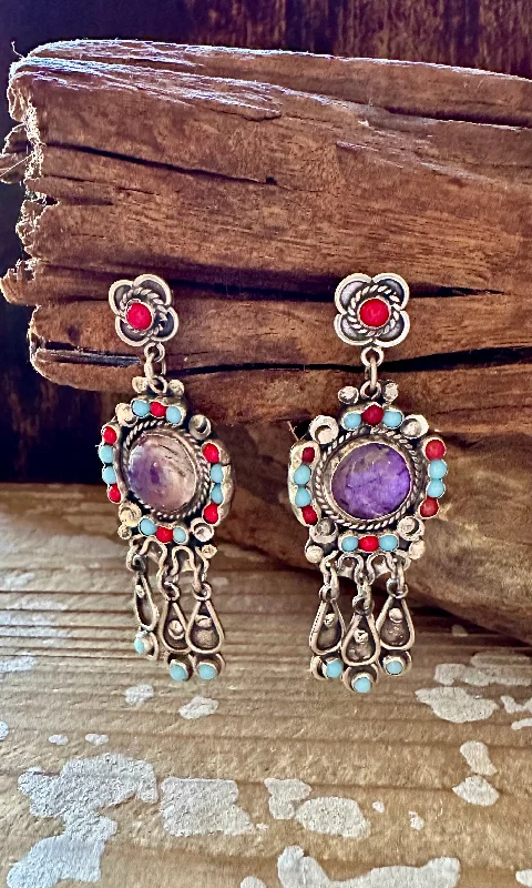 Ladies Earrings Faceted -VINTAGE ESCORIA Amethyst Turquoise Coral Sterling Silver Earrings • 16g