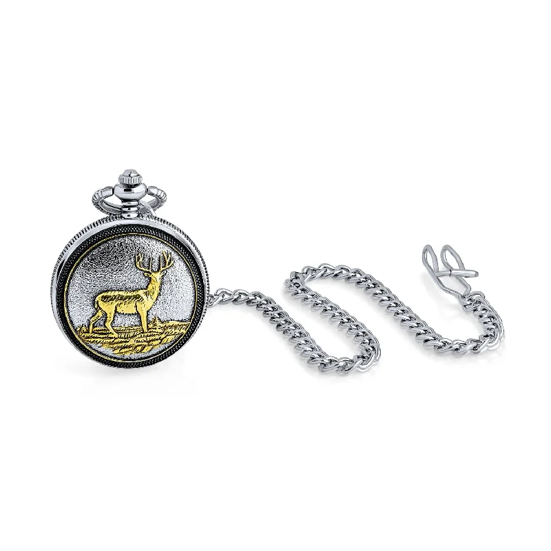 Unisex watch heart monitor -Two Tone Vintage Style Pocket Watch for Men with Deer Hunter Design and Long Chain