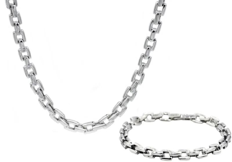 Personalized necklaces for women-Mens Stainless Steel Square Link Chain Set