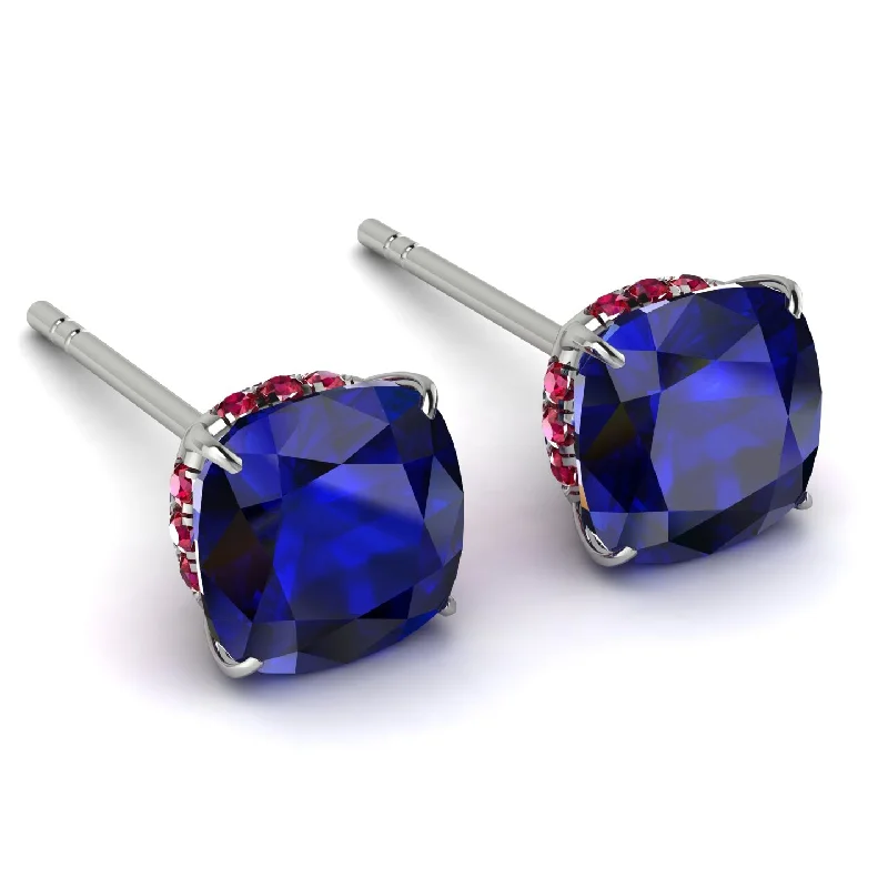 Ladies Earrings Western Style -Hidden Halo Cushion Sapphire Earrings - Alivia No. 60