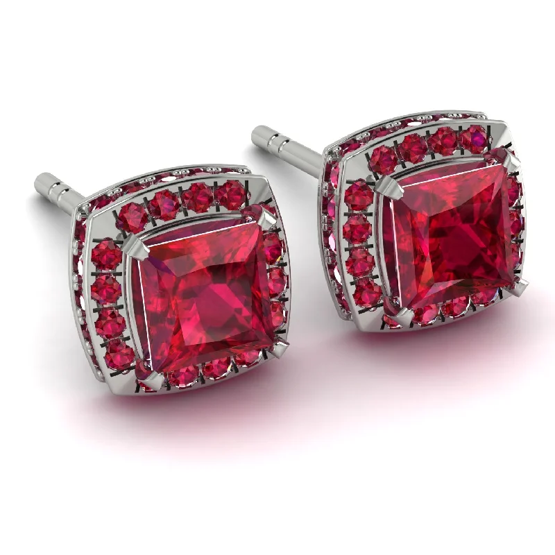 Ladies Earrings Layerable -Hidden Halo Princess Ruby Earrings - Georgia No. 57