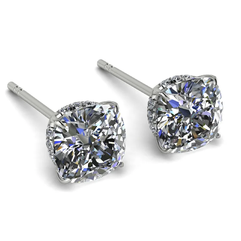 Ladies Earrings Integrated -Hidden Halo Cushion Diamond Earrings - Alivia No. 3