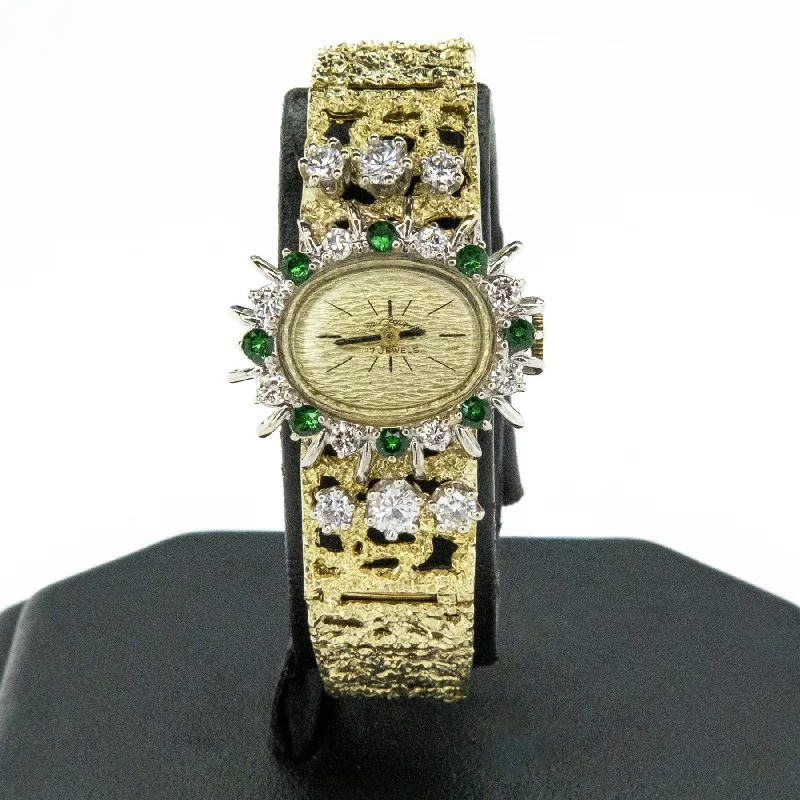 Unisex watch analog hands -Paul Peugeot Vintage Diamond & Emerald Ladies Watch in 14K Two Tone Gold