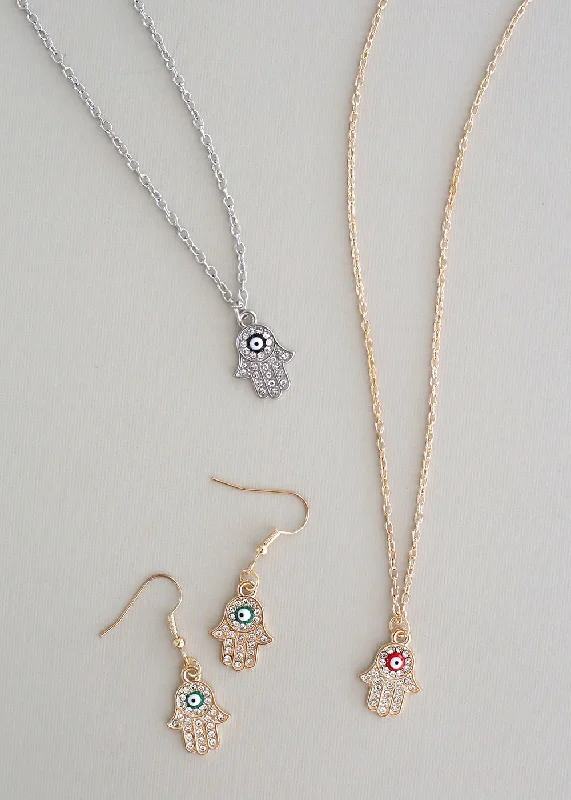 Heart-shaped gold necklaces for women-Hamsa Hand Necklace & Earring Set