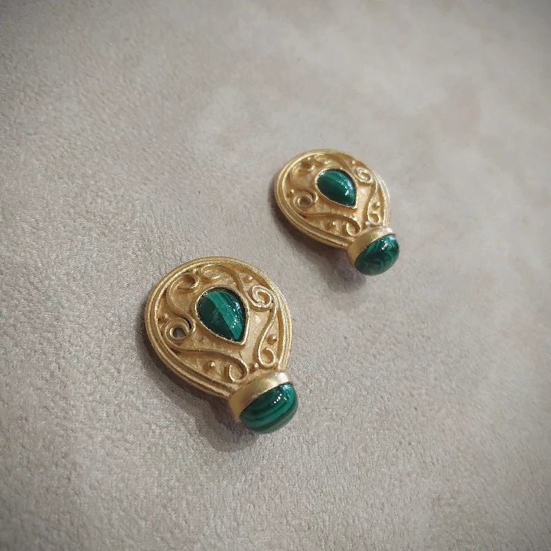 Ladies Earrings Linear -Malachite Earrings by Rima Ariss Green Clip On Gold