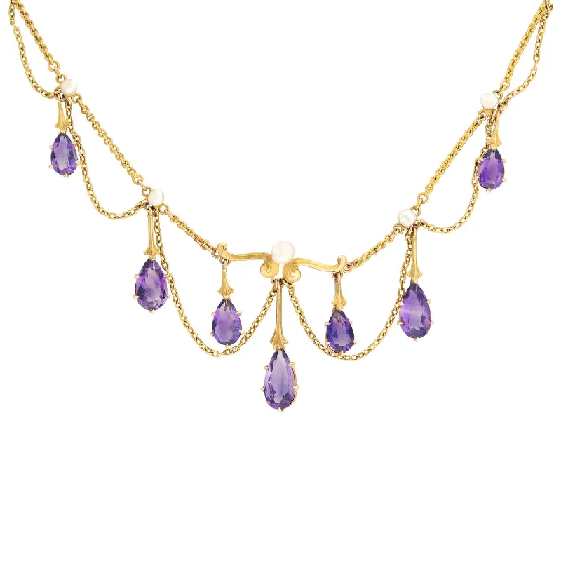 Chunky necklaces for women-Victorian 14k Amethyst & Pearl Festoon Necklace