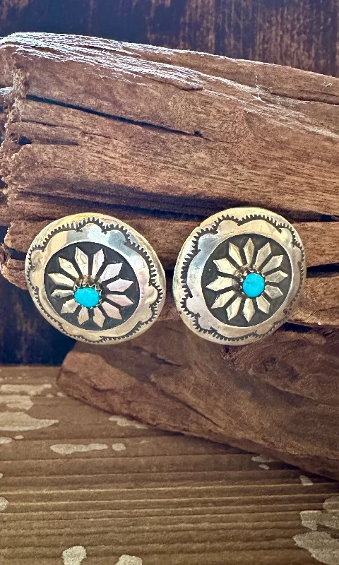 Ladies Earrings Motion -LARGE PINWHEEL Sterling Silver & Turquoise Stud Earrings