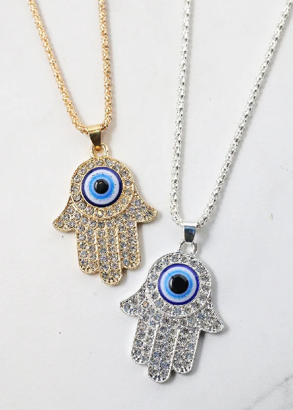 Heart-shaped gold necklaces for women-Rhinestone Hamsa Hand Necklace