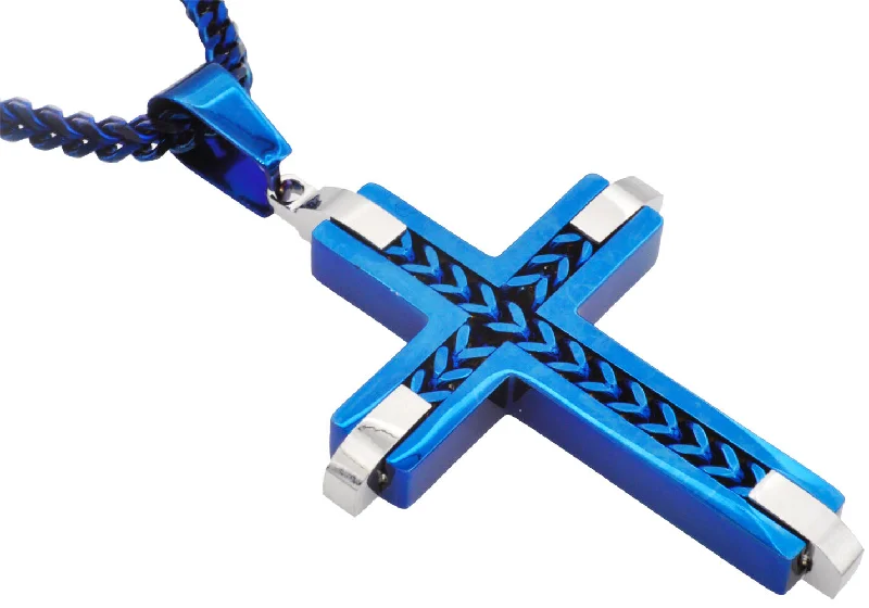 Long necklaces for women-Mens Blue Stainless Steel Cross Pendant Necklace With Franco Link Chain Inlay