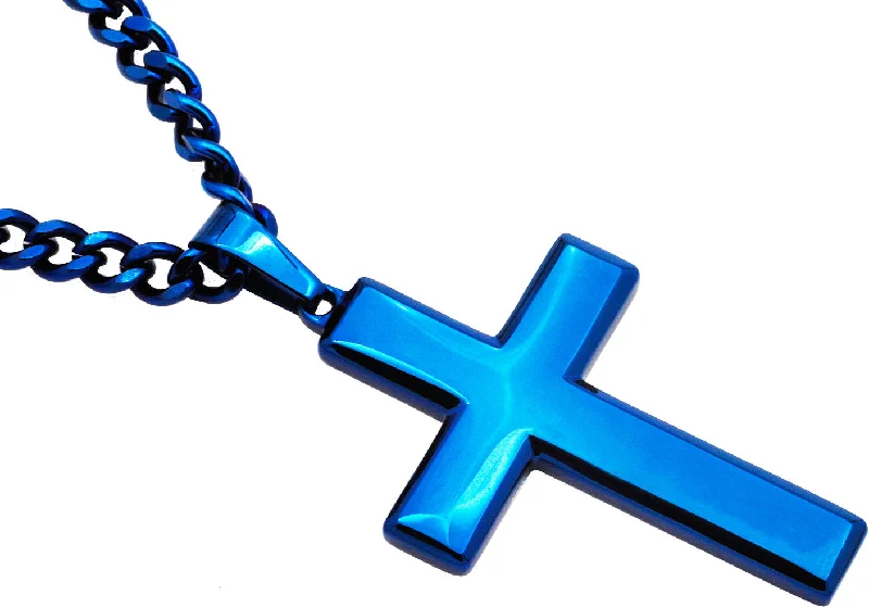 Diamond necklaces for women-Mens Blue Stainless Steel Cross Pendant Necklace