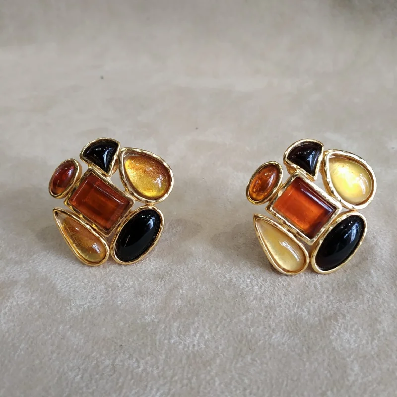 Ladies Earrings Enamel -Edouard Rambaud Yellow Amber large clip on earrings