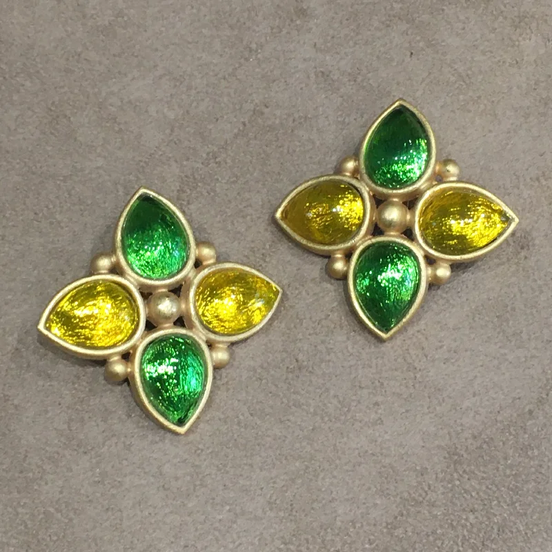 Ladies Earrings Mixed Metal -Rima Ariss London Green Yellow Foiled Glass Gold Plated Statement Clip On Earrings