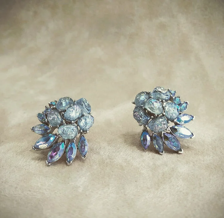 Ladies Earrings Glass -Vintage Trifari Icy Blue spray  Earrings