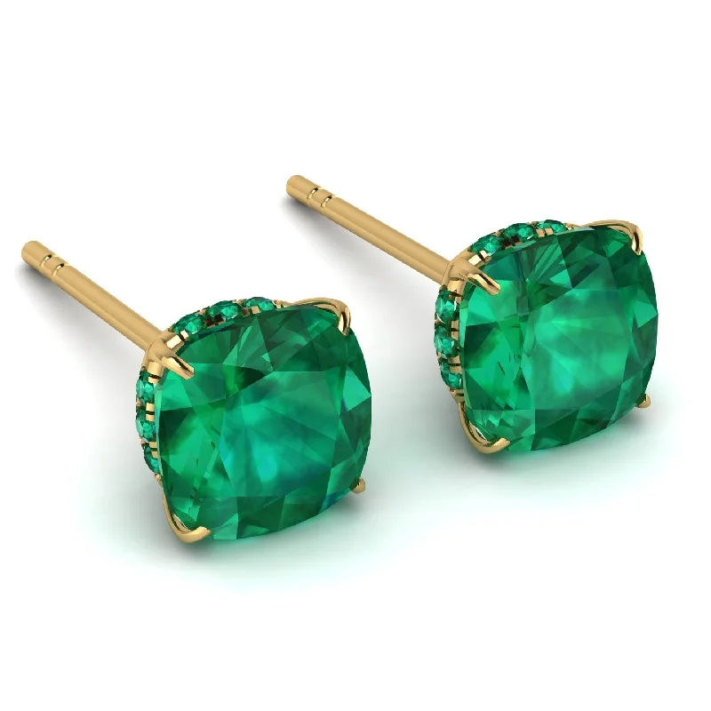 Ladies Earrings Long -Hidden Halo Cushion Emerald Earrings - Alivia No. 19