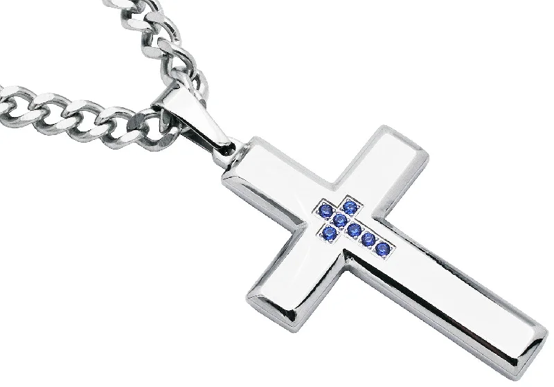 Modern necklaces for women-Mens Polished Stainless Steel Cross Pendant Necklace With Blue Cubic Zirconia